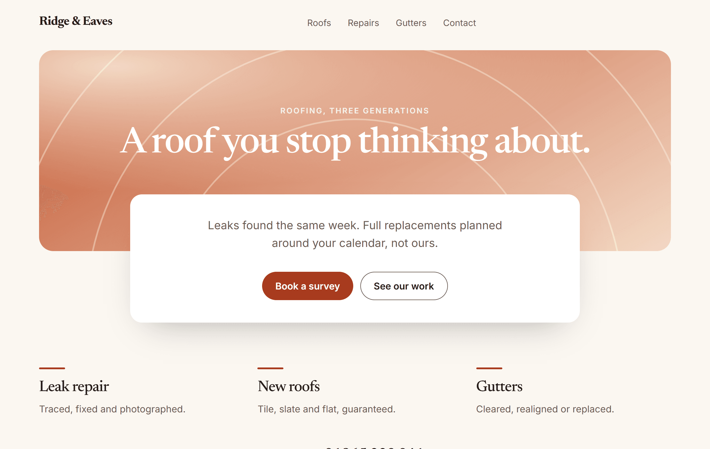 Website design for Ridge & Eaves, a roofing business.