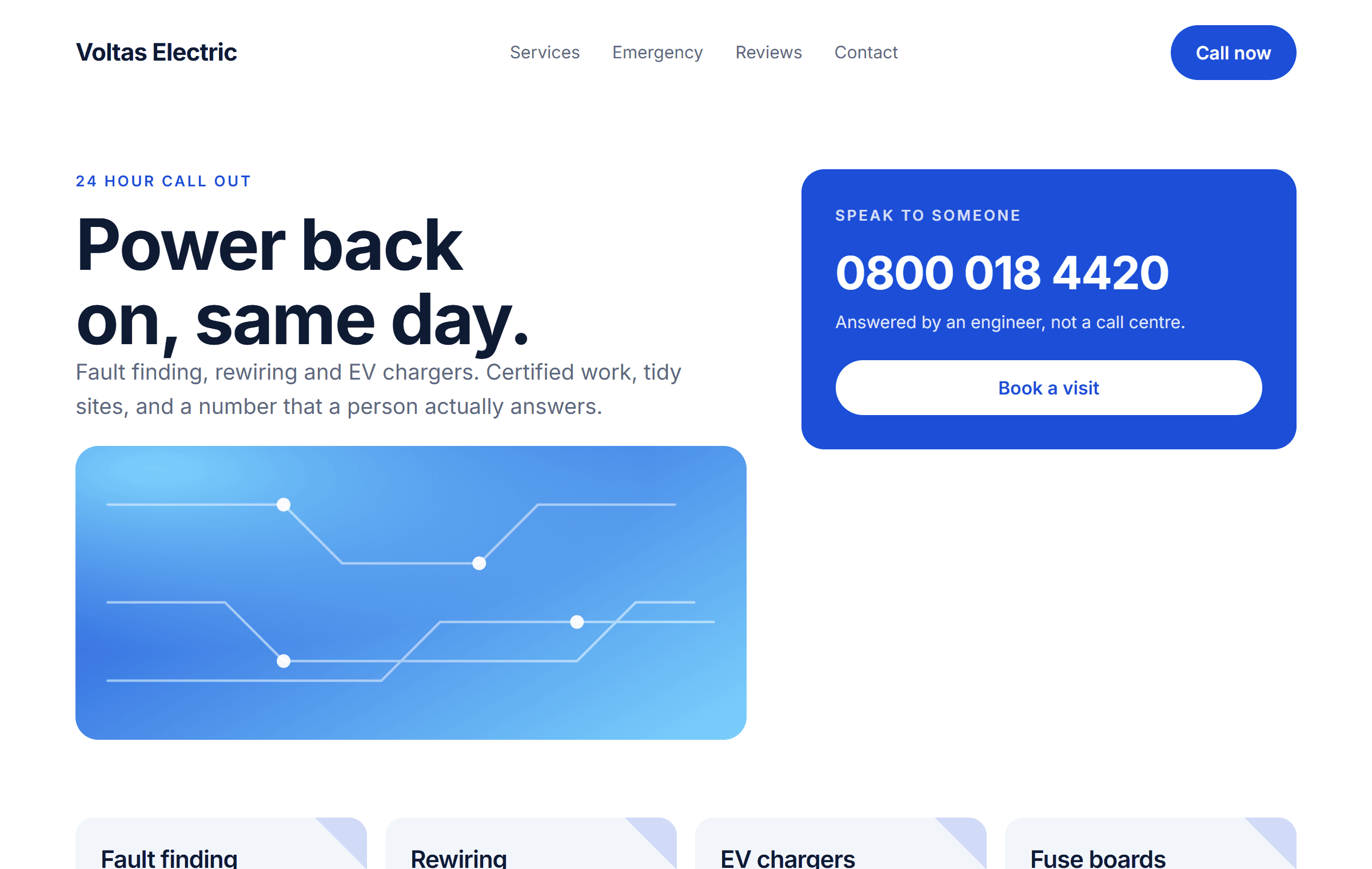 Website design for Voltas Electric, a electrician business.