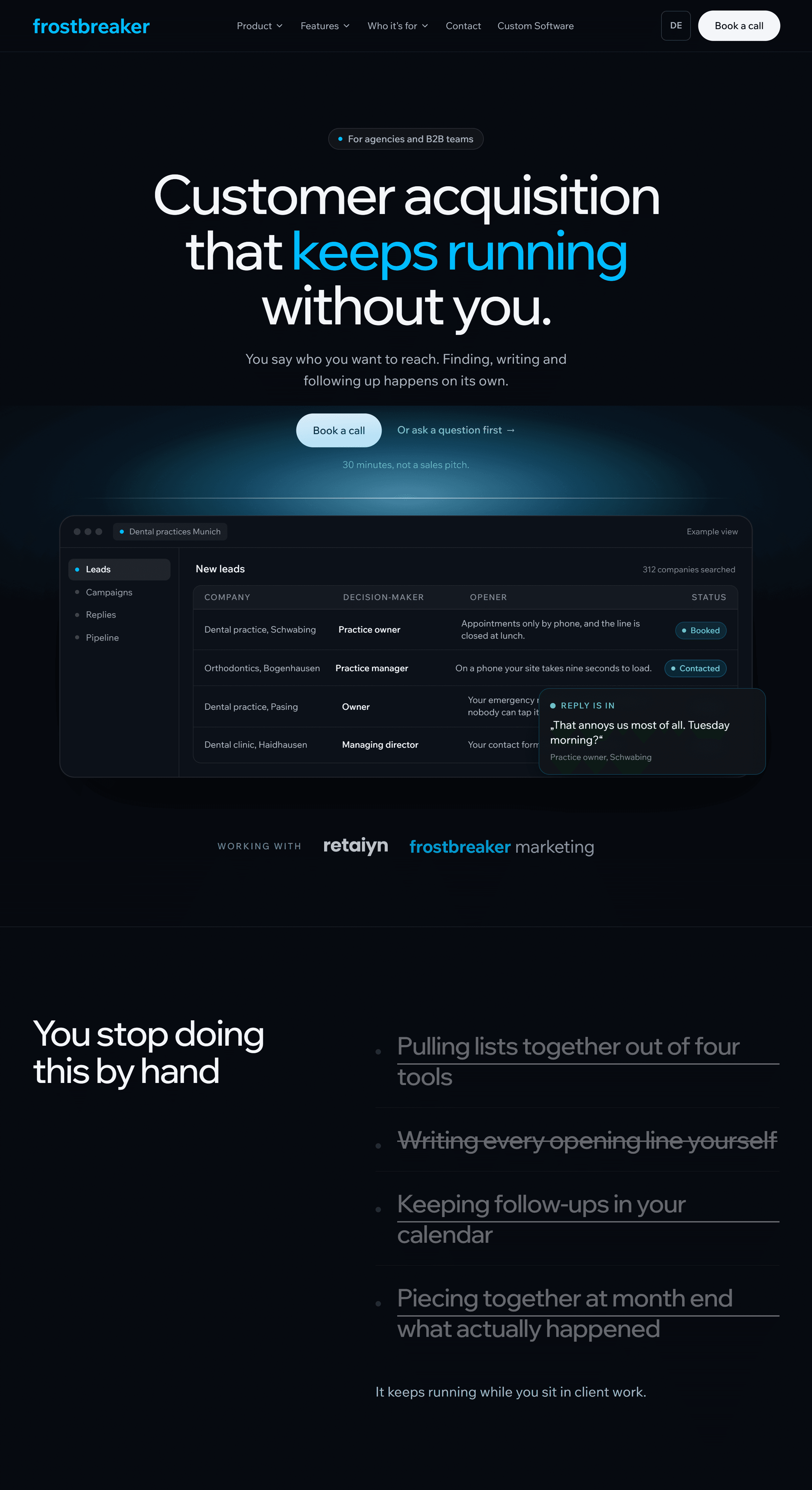 The Frostbreaker product site: a large headline, a dark preview of the app, and the navigation across the top.