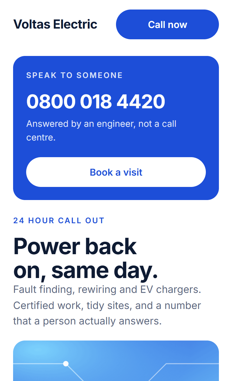 The rebuilt website: a bold headline, the phone number in a coloured card, and four services as tiles.